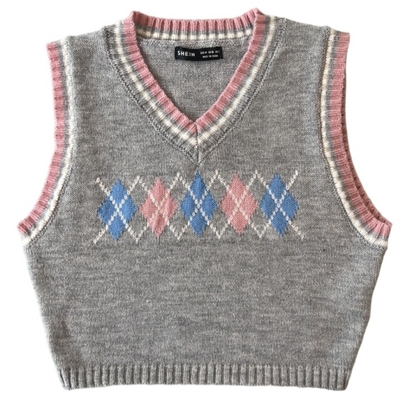 Shein Argyle Sleeveless Cropped Sweater Vest Top‎ - Picture 1 of 6
